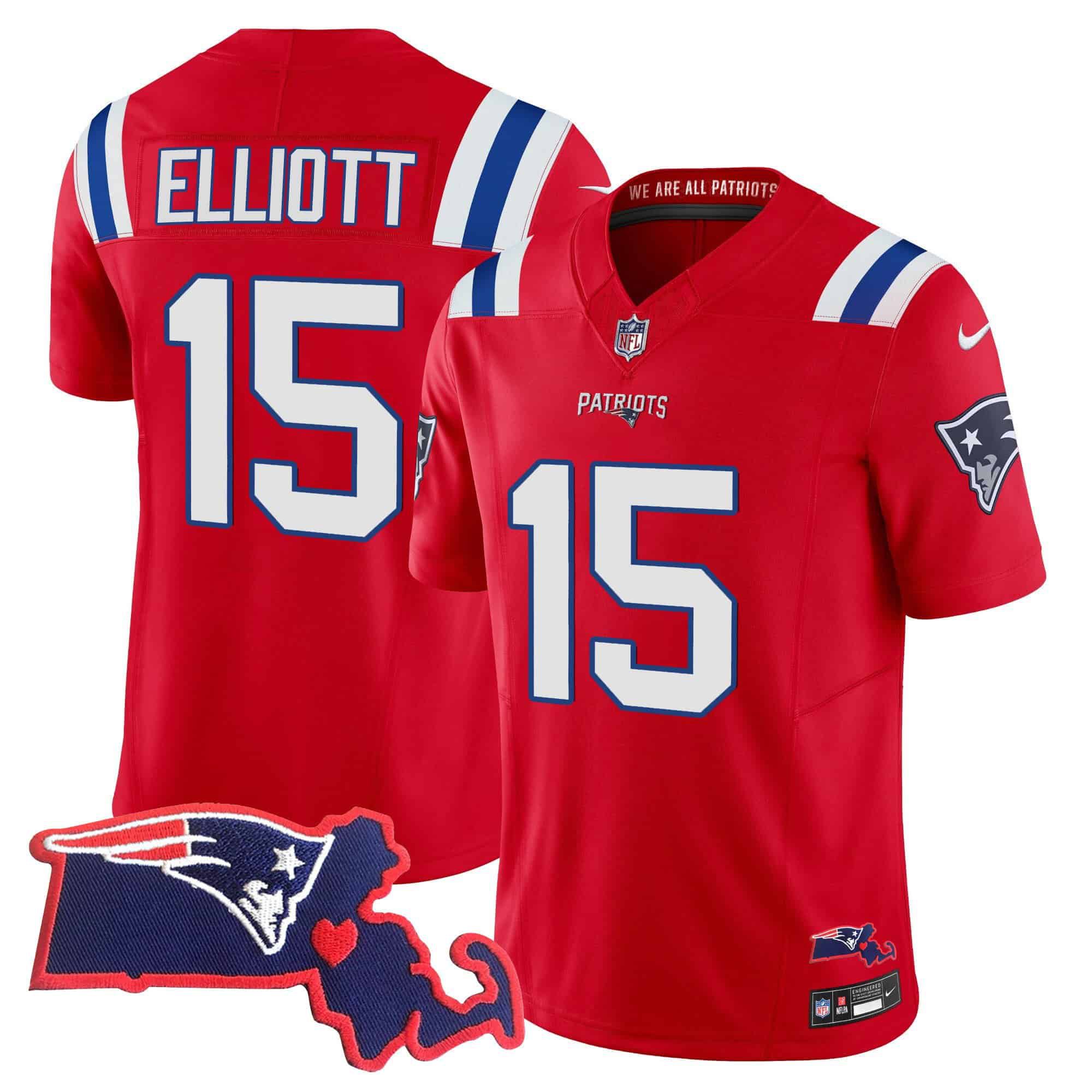 Men New England Patriots 15 Elliott Red 2024 Nike Patch Vapor Limited NFL Jersey